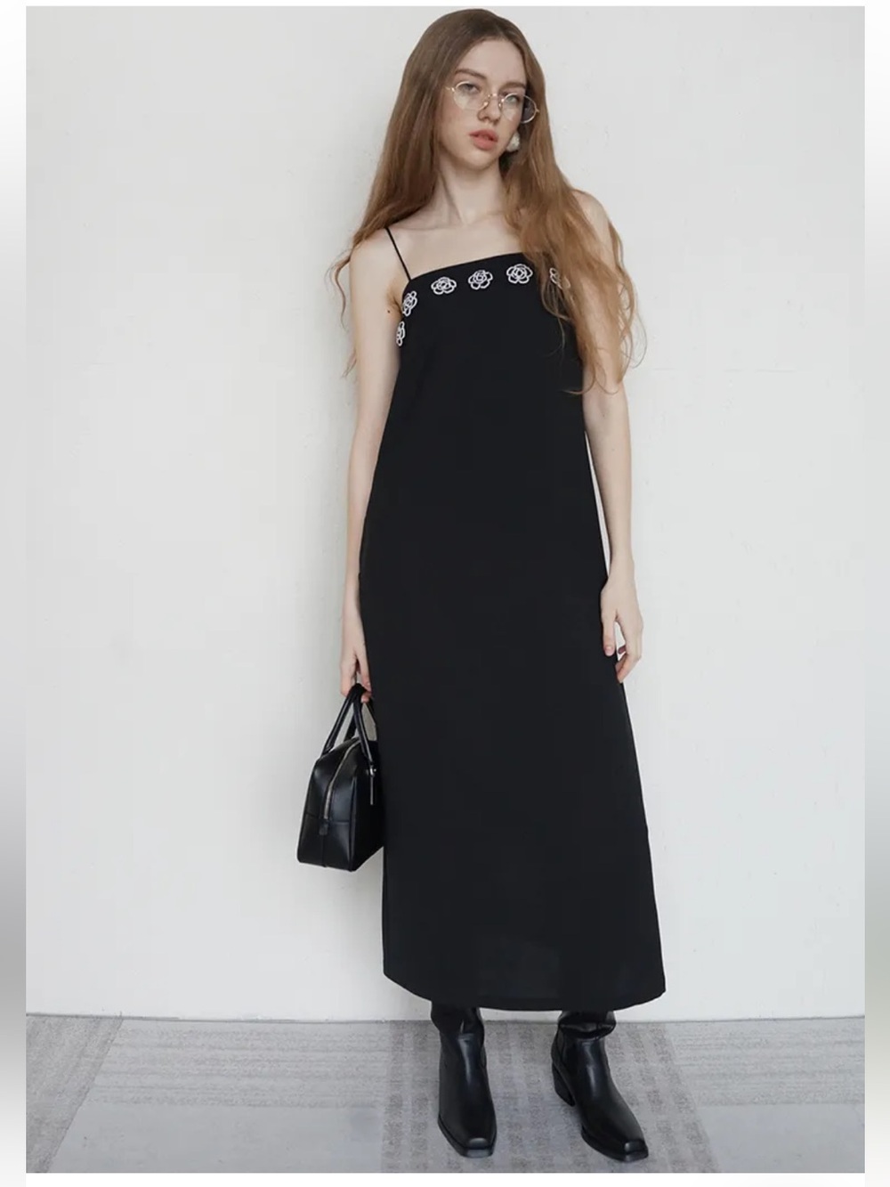 AZHU Black Beaded Embellished Floral Maxi Slip Dress S